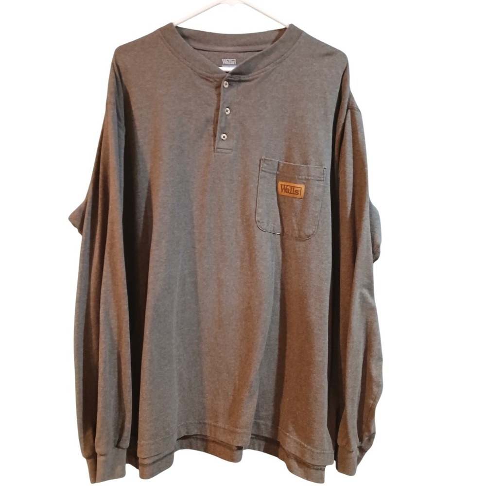Walls Workwear Large Mens Long Sleeve Henley Shirt Light Brown Pocket